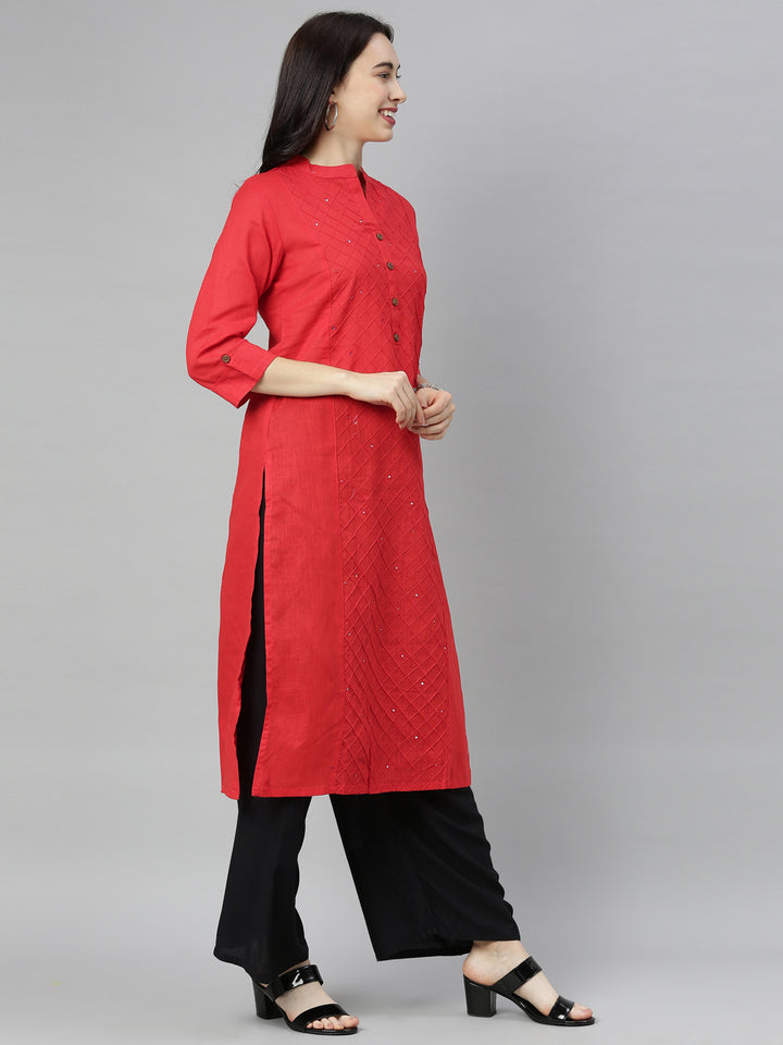 Neerus Red embroidered straight kurta - side view