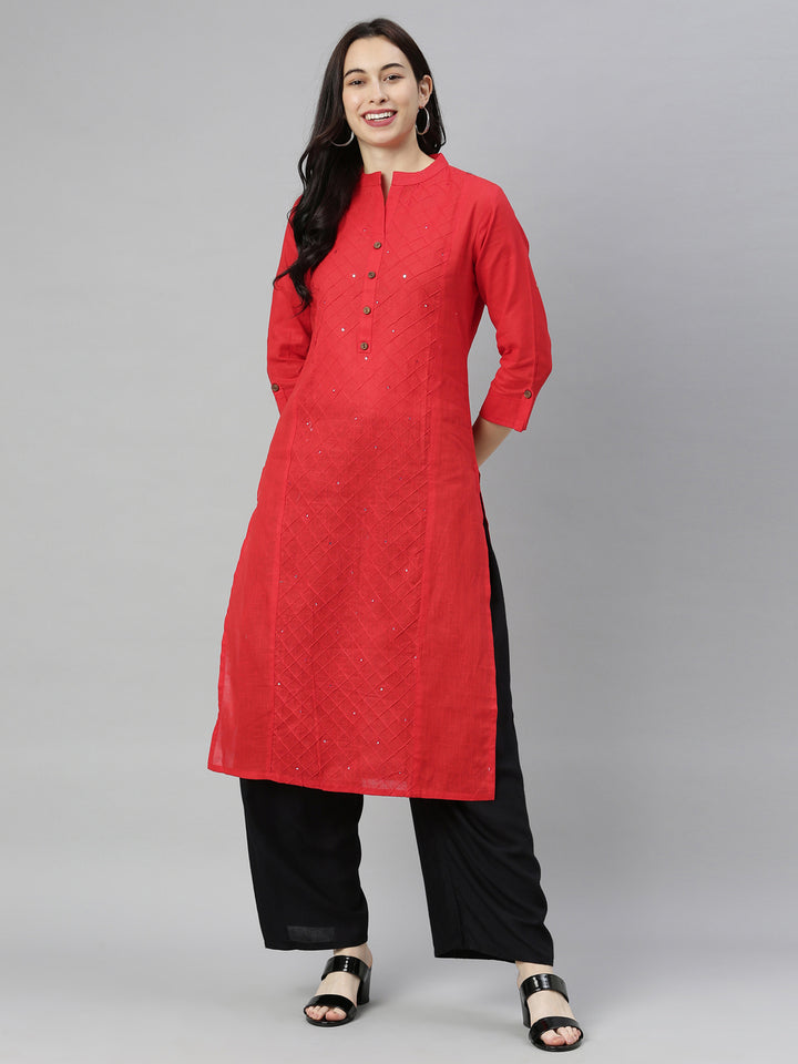 Neerus Red embroidered straight kurta - detail view 2