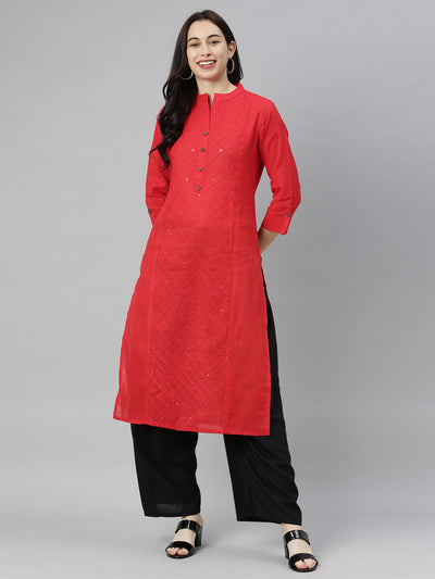 Neeru's Red Embroidered Straight Kurta
