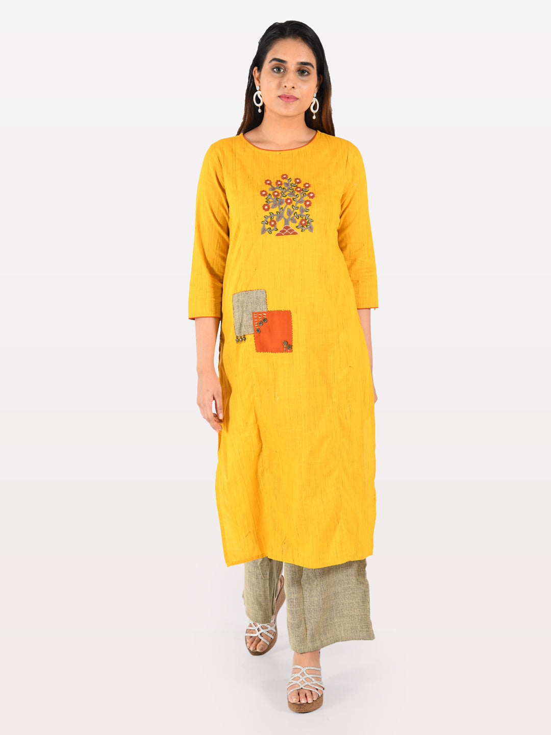 Neerus Brown slub cotton embroidered kurta set with sharara - front view