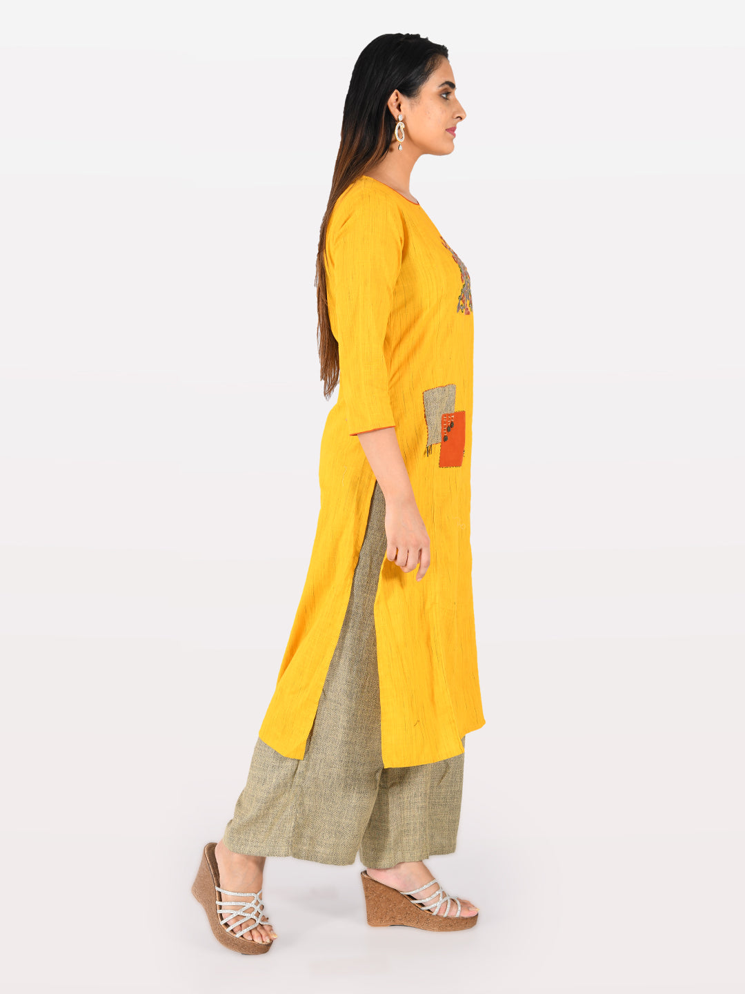 Neerus Brown slub cotton embroidered kurta set with sharara - back view