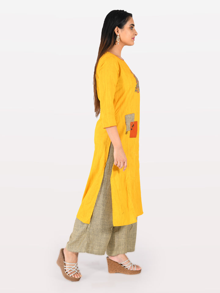 Neerus Brown slub cotton embroidered kurta set with sharara - back view