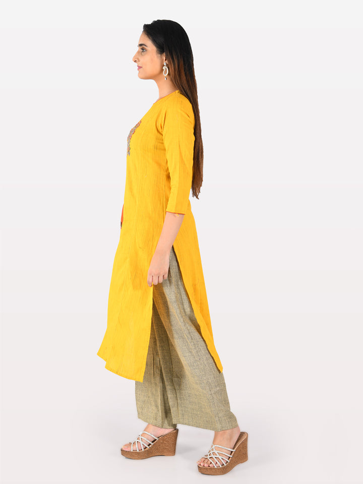 Neerus Brown slub cotton embroidered kurta set with sharara - side view