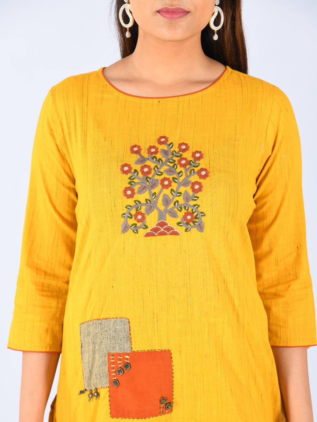 Neerus Brown slub cotton embroidered kurta set with sharara - detail view 2