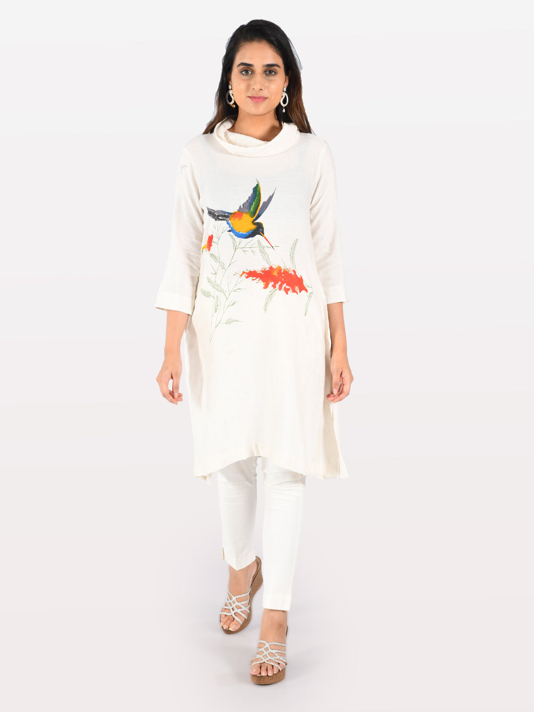 Neerus White printed straight kurta - front view