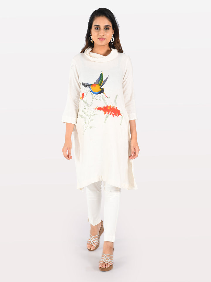 Neerus White printed straight kurta - front view