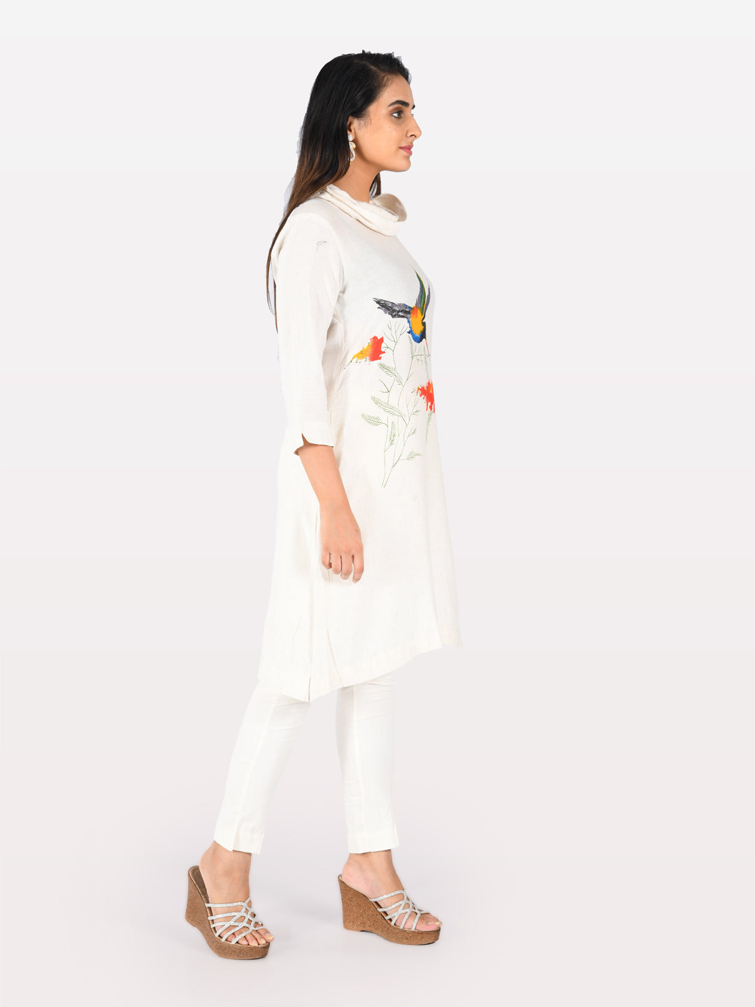 Neerus White printed straight kurta - side view
