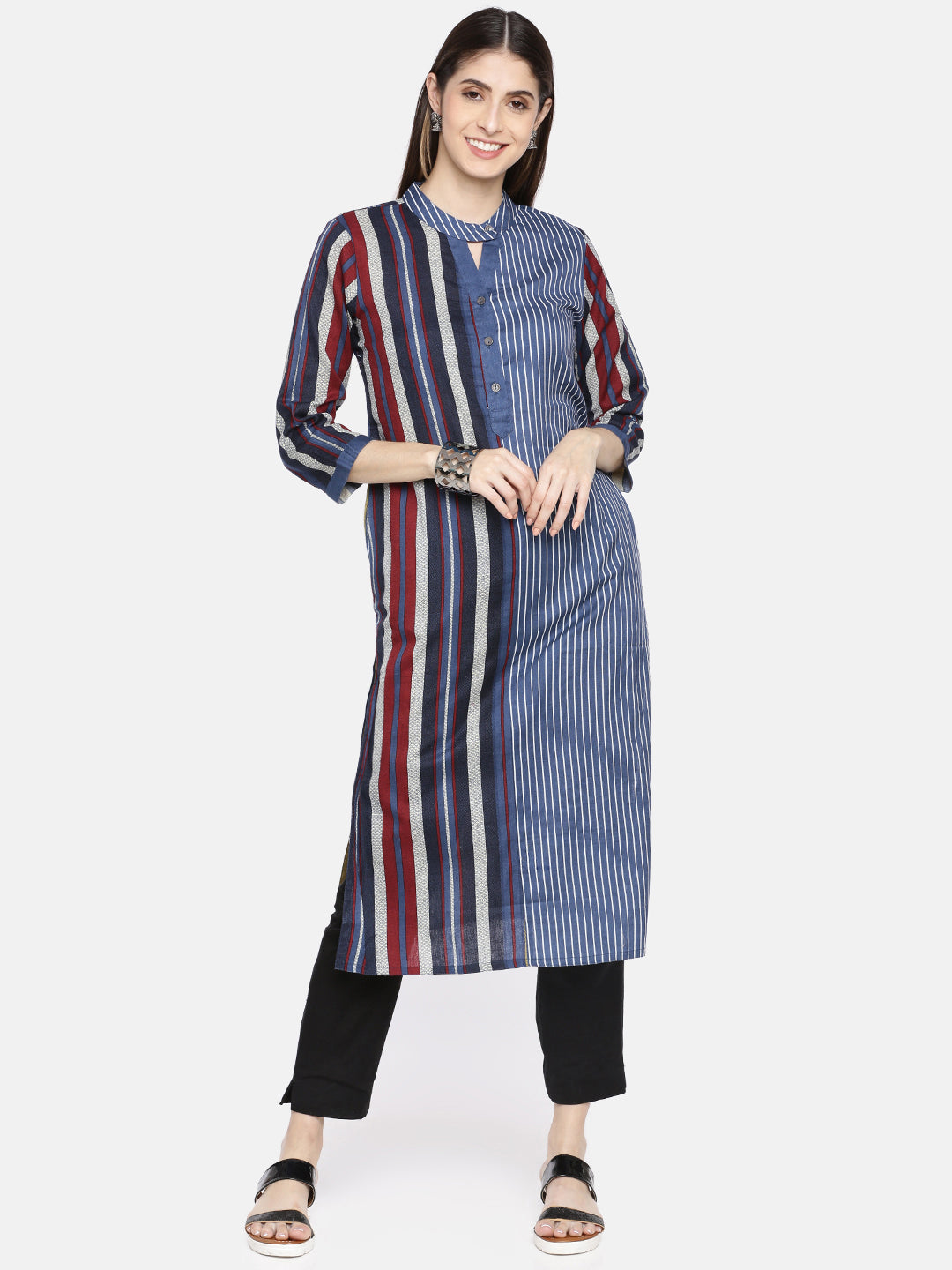 Neerus Blue Striped Straight Kurta