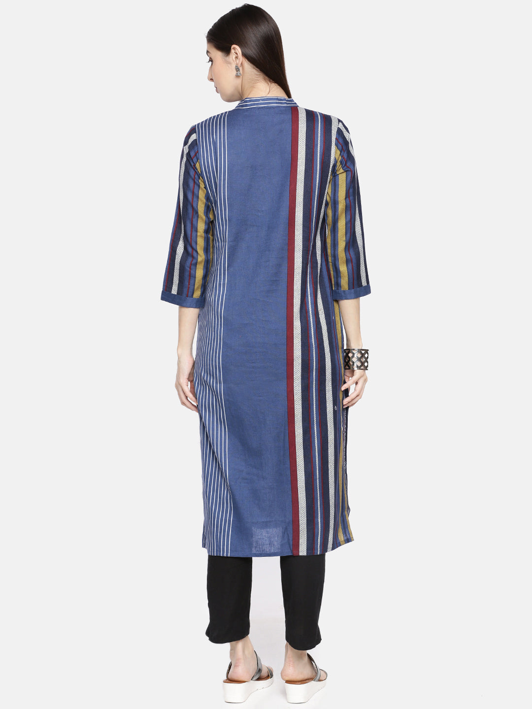 Neerus Blue Striped Straight Kurta