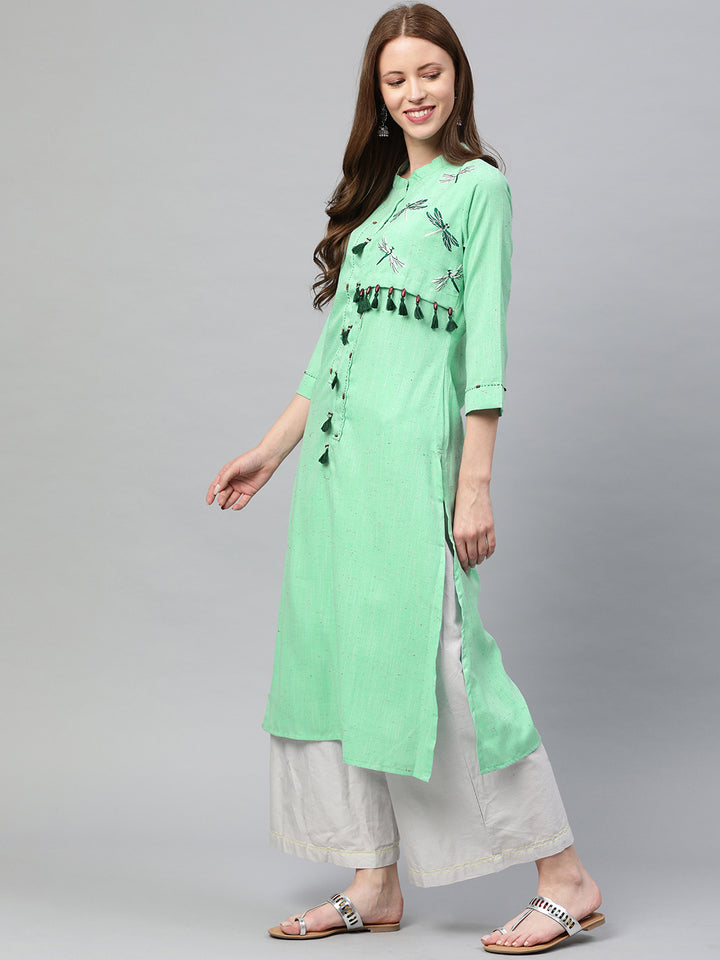 Neerus Green Embroidered Straight Kurta