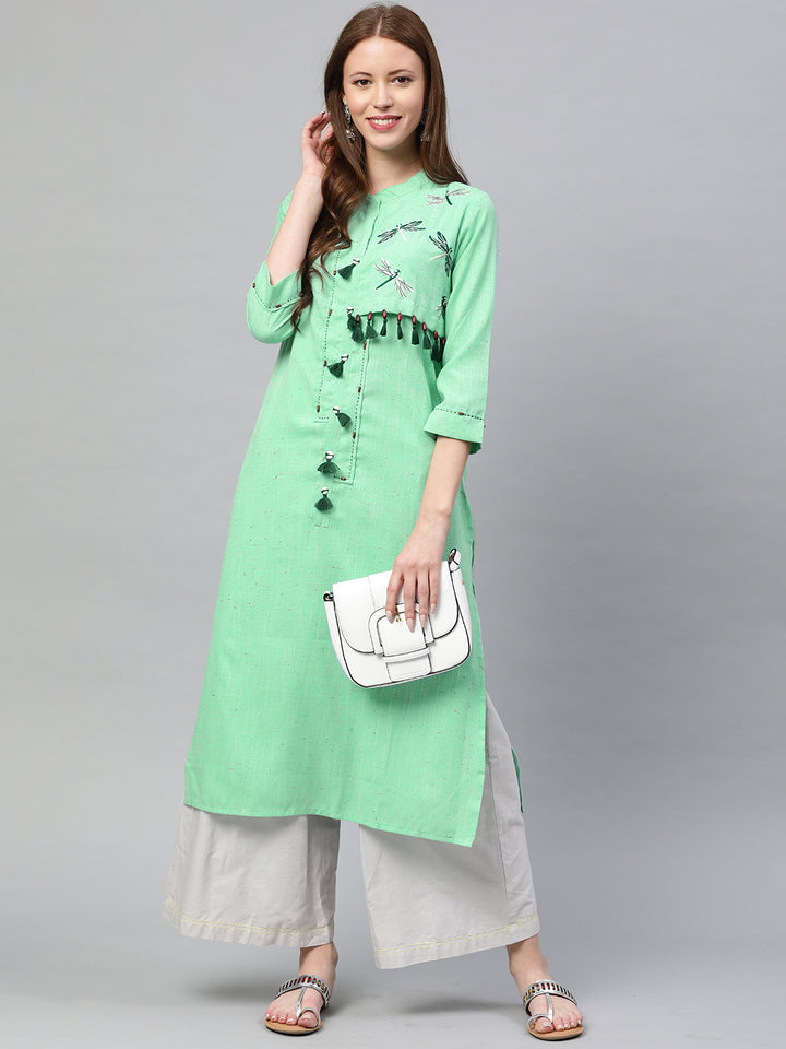 Neerus Green Embroidered Straight Kurta
