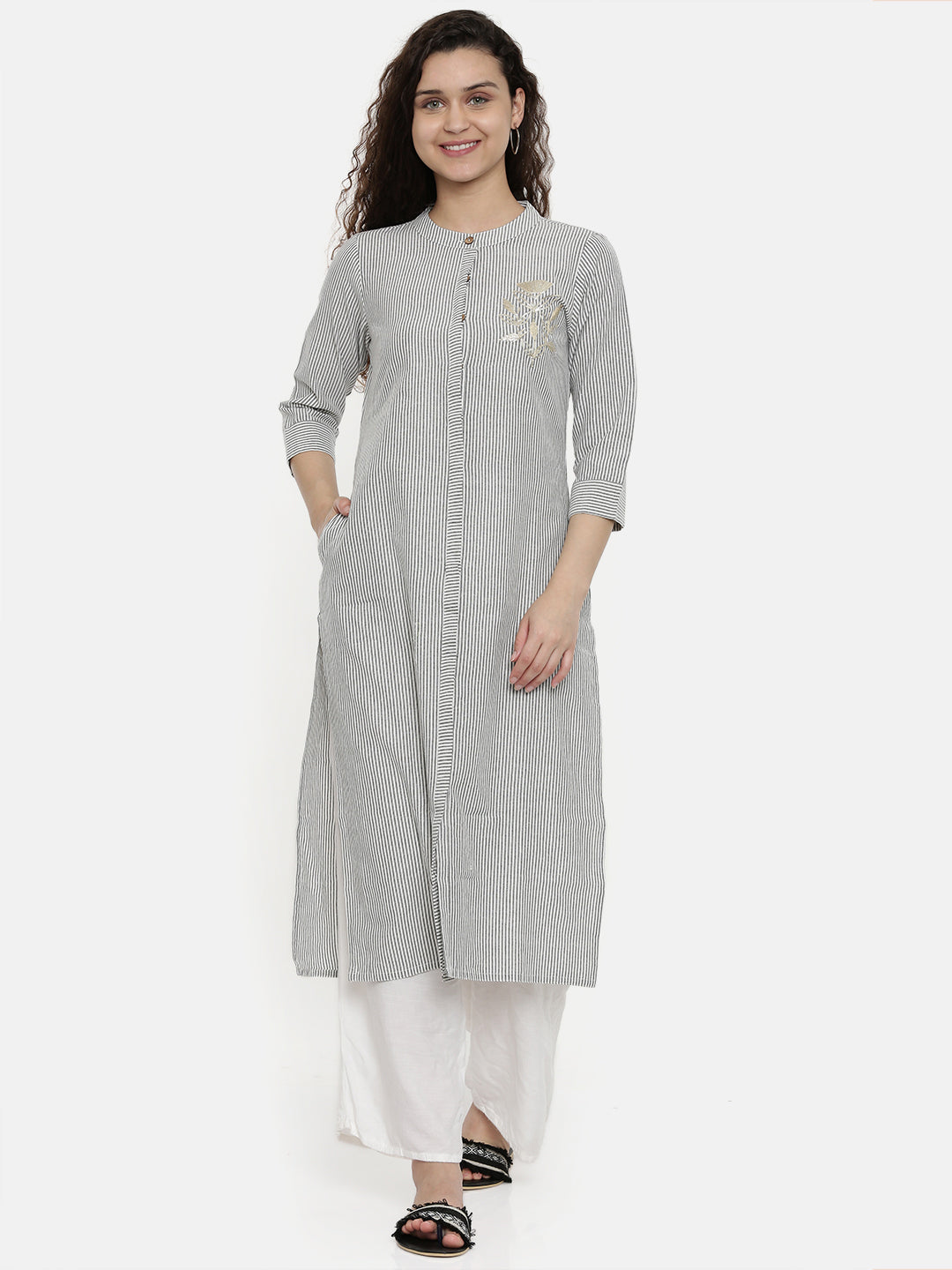Neerus White cotton striped A-line kurta - front view