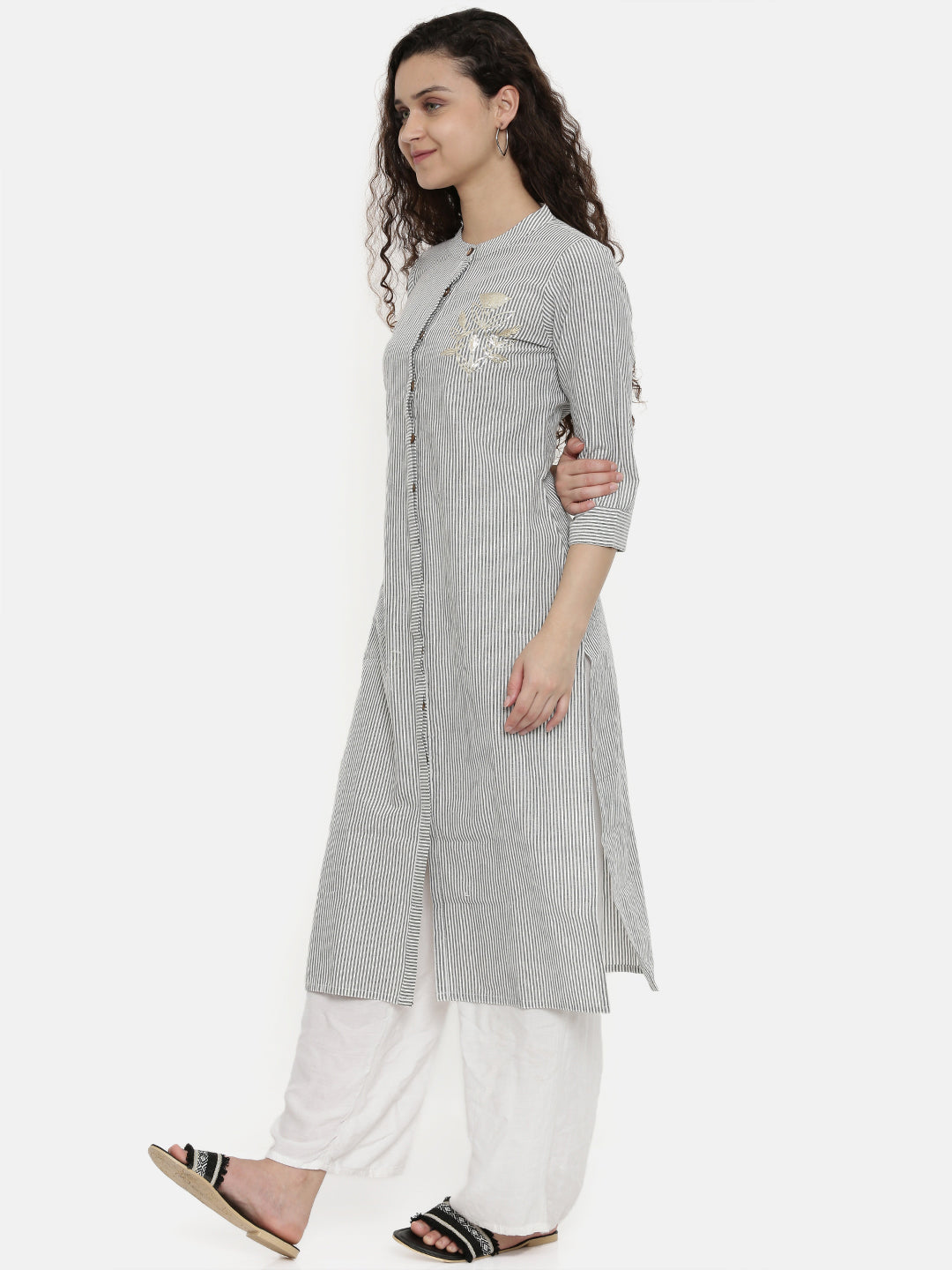 Neerus White cotton striped A-line kurta - side view