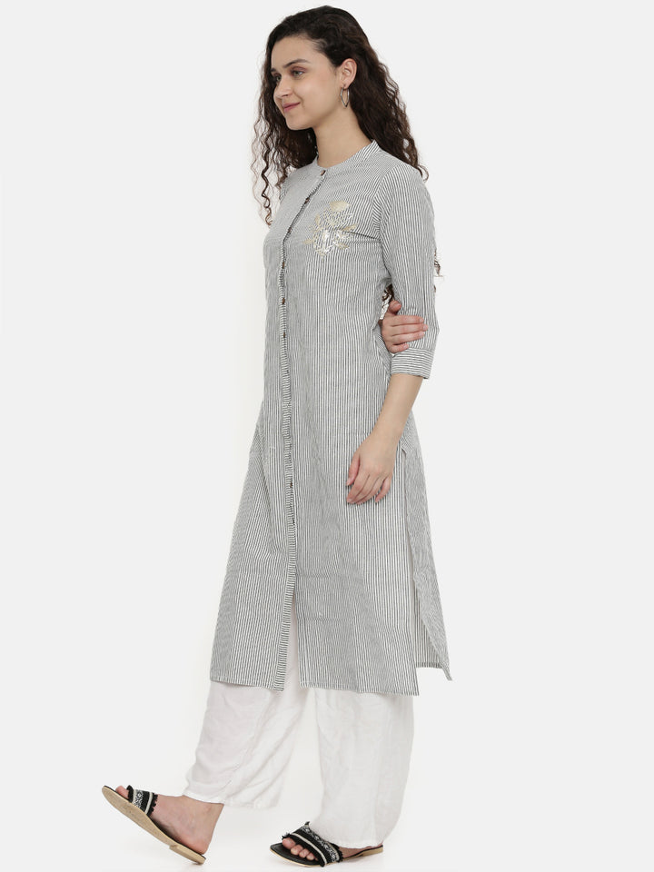 Neerus White cotton striped A-line kurta - side view