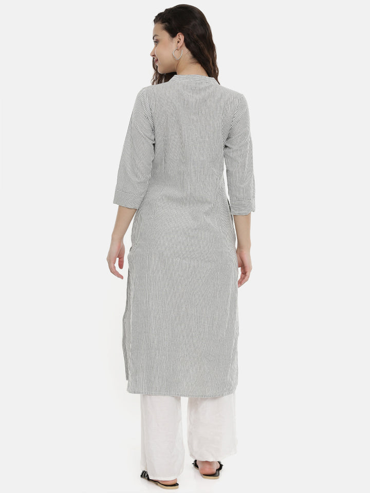 Neerus White cotton striped A-line kurta - detail view 1
