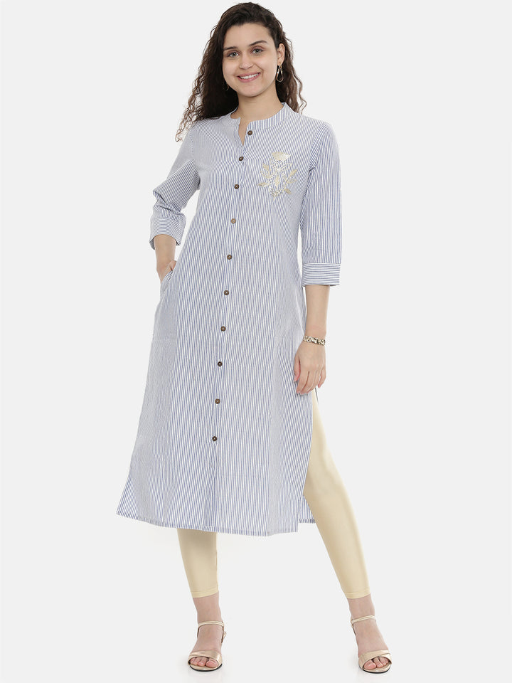 Neerus Blue cotton printed straight kurta - front view
