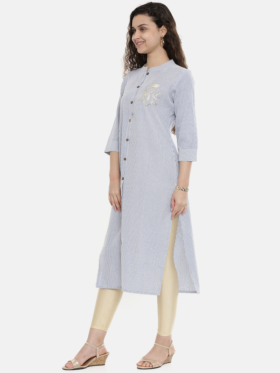 Neerus Blue cotton printed straight kurta - detail view 1
