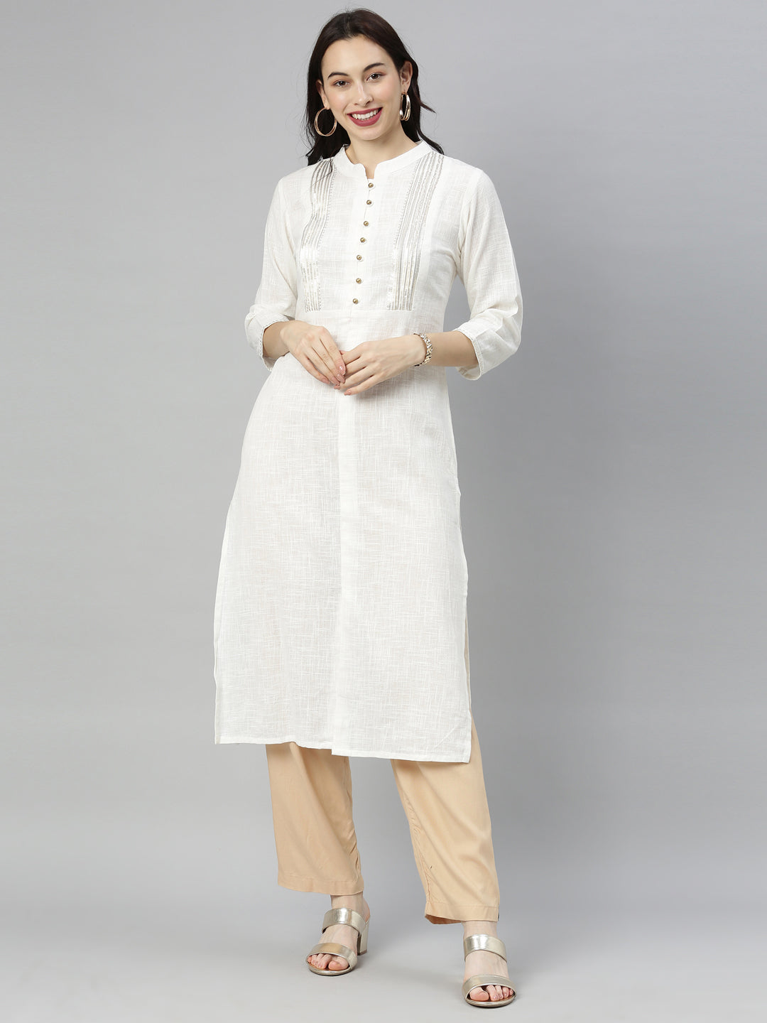 Neerus White embellished straight kurta - front view