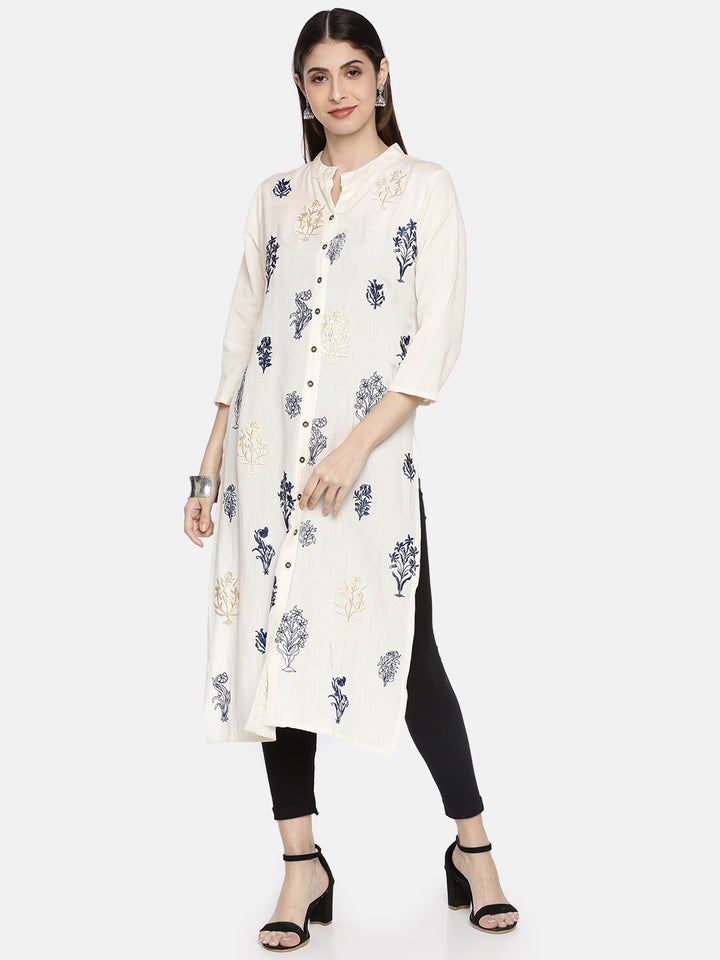 Neerus Women Off-White Embroidered A-Line Kurta