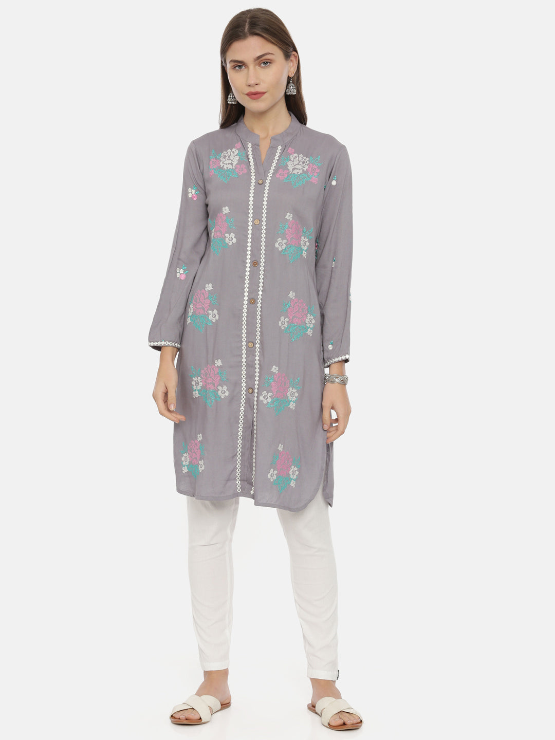 Neerus Grey Embroidered Straight Kurti