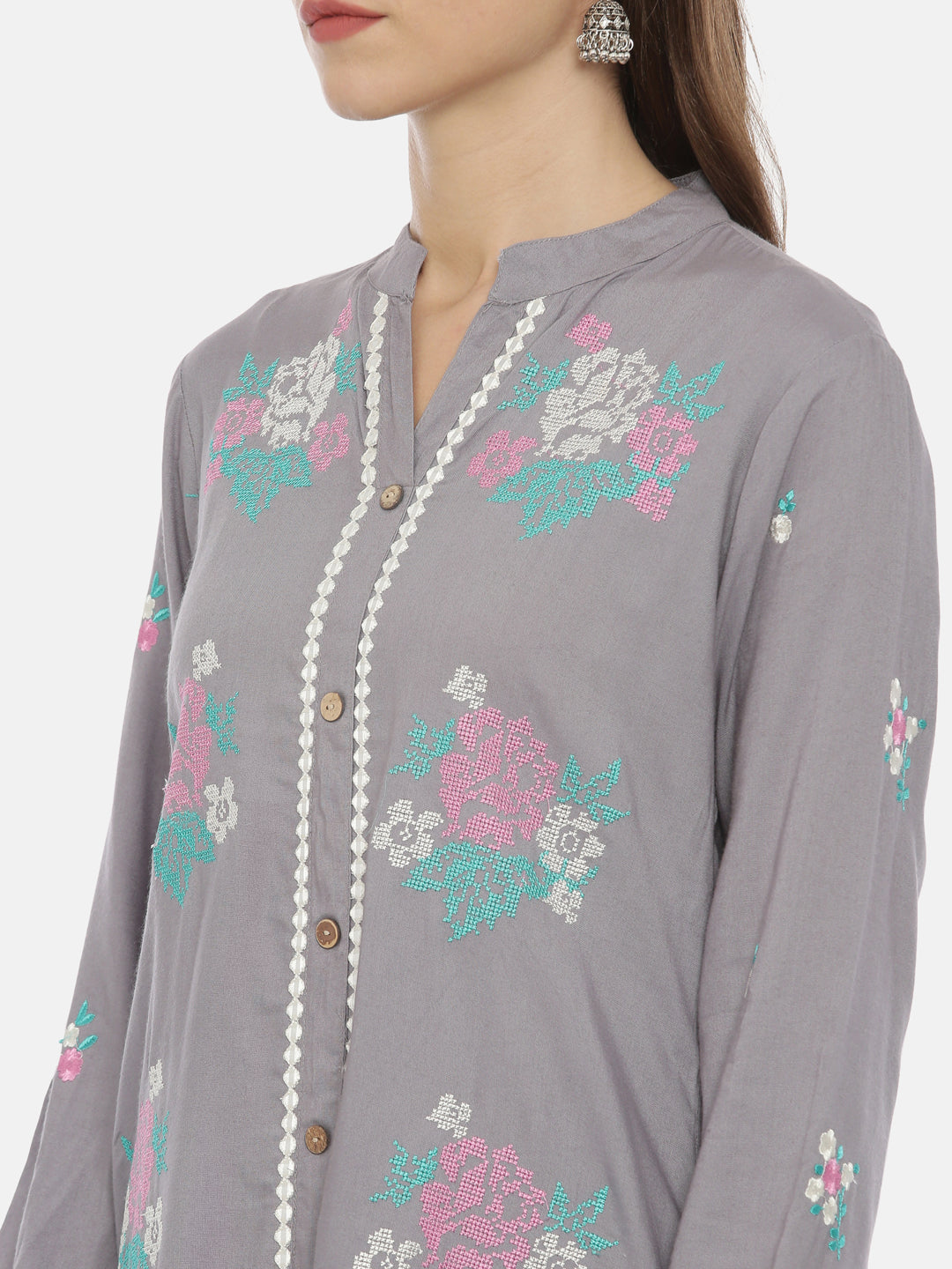 Neerus Grey Embroidered Straight Kurti