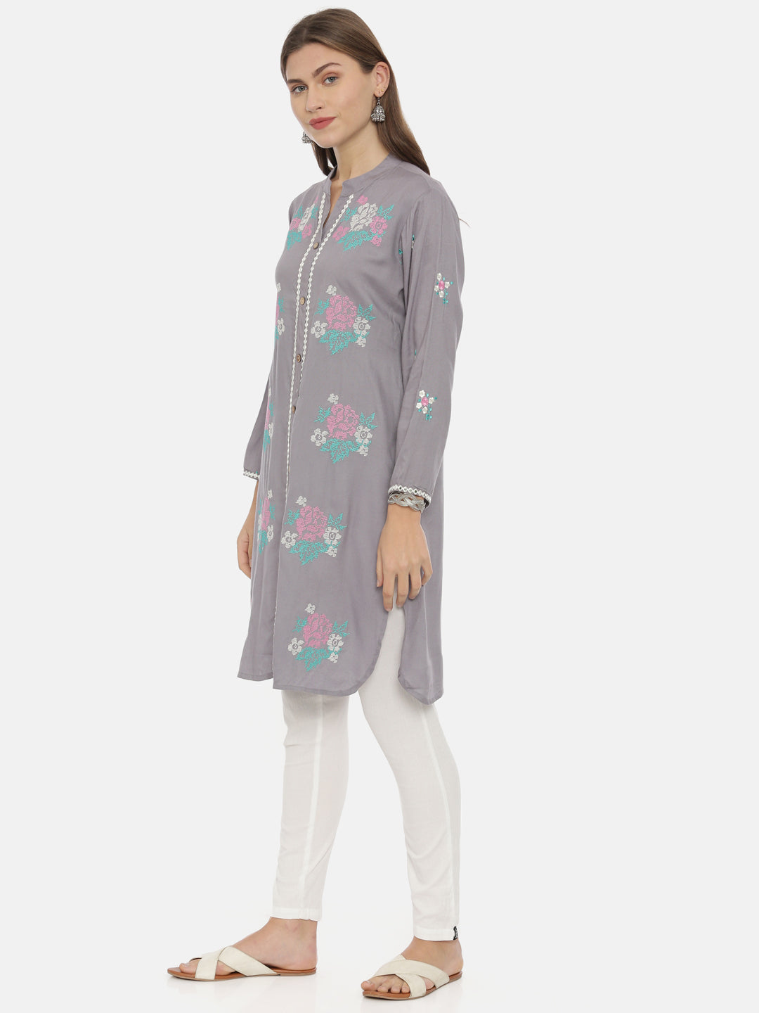 Neerus Grey Embroidered Straight Kurti
