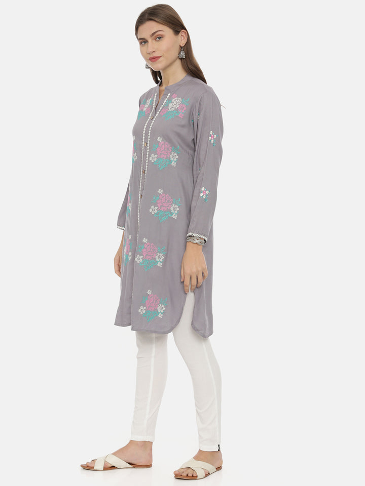 Neerus Grey Embroidered Straight Kurti