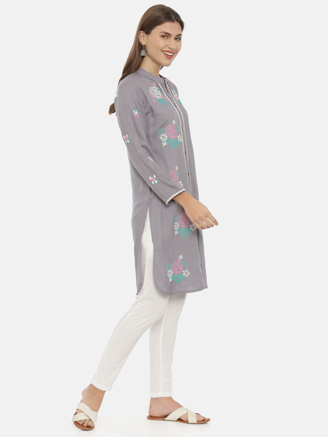 Neerus Grey Embroidered Straight Kurti