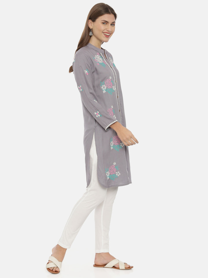 Neerus Grey Embroidered Straight Kurti