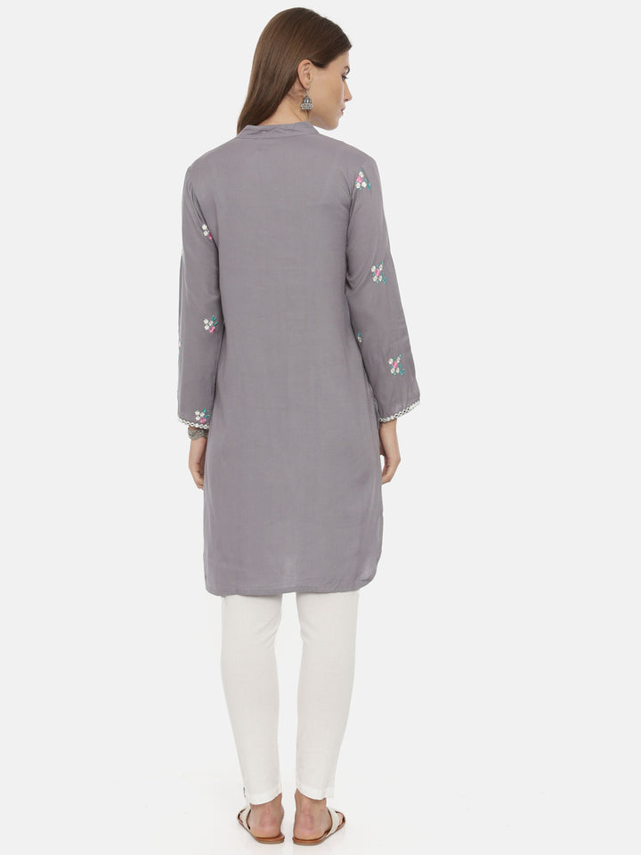 Neerus Grey Embroidered Straight Kurti