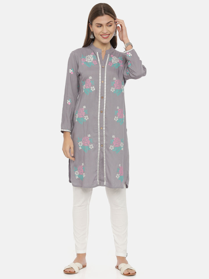 Neerus Grey Embroidered Straight Kurti