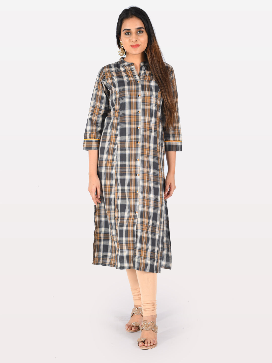 Neerus Grey cotton checked A-line kurta - front view