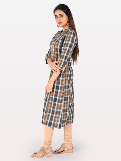 Neerus Women Grey  Mustard Yellow Checked A-Line Kurta