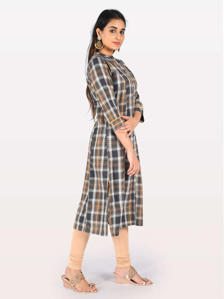 Neerus Grey cotton checked A-line kurta - side view