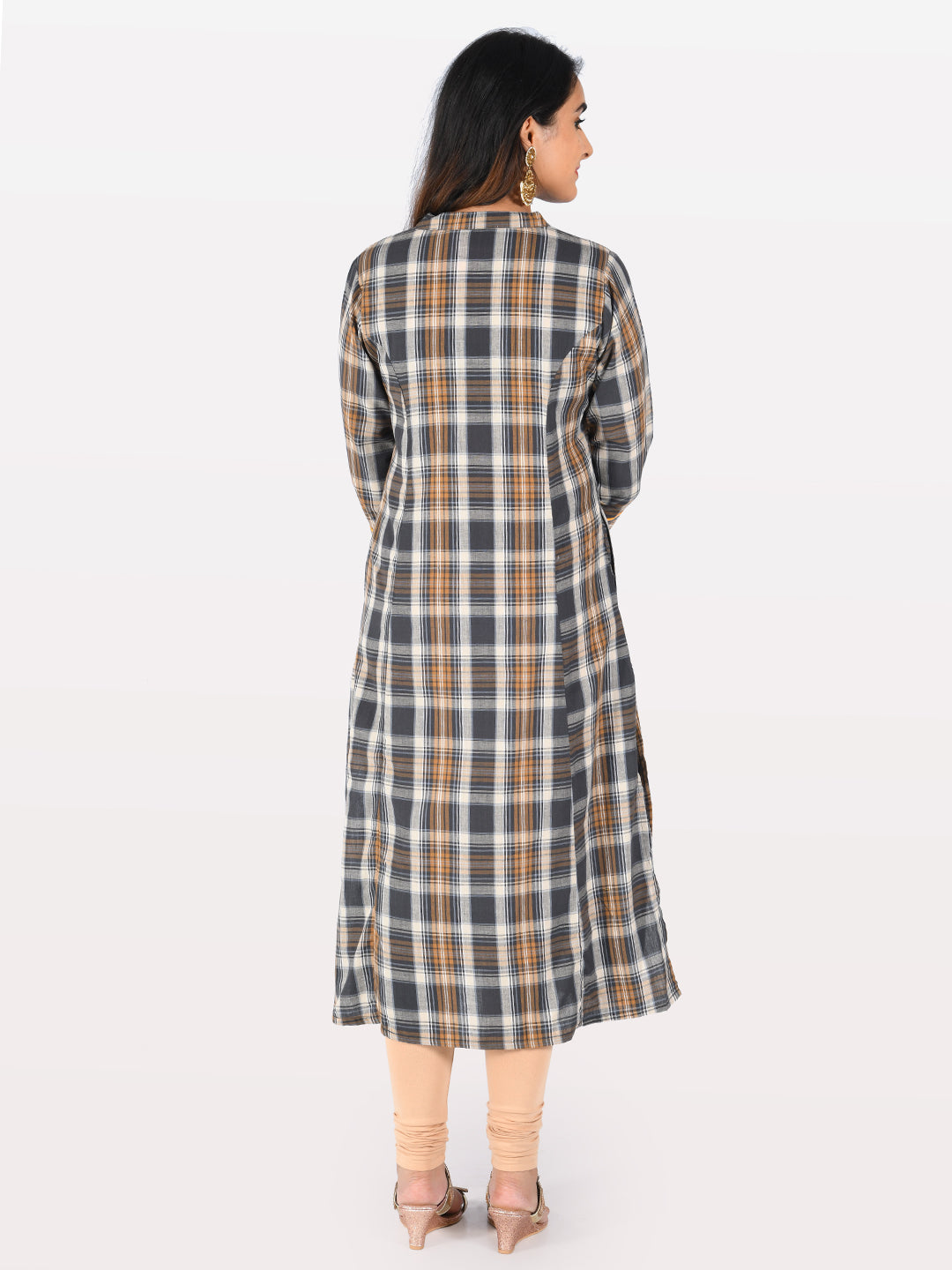 Neerus Grey cotton checked A-line kurta - detail view 1