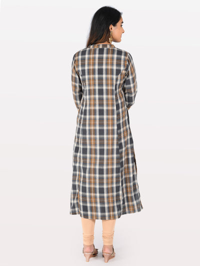 Neerus Women Grey  Mustard Yellow Checked A-Line Kurta