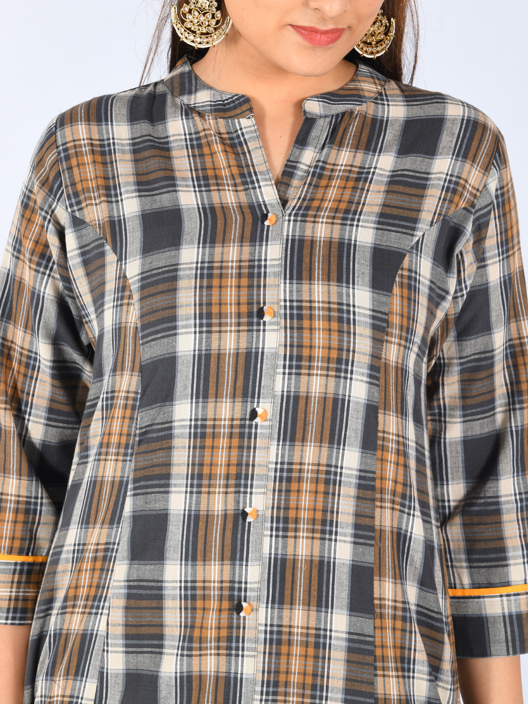 Neerus Grey cotton checked A-line kurta - detail view 2