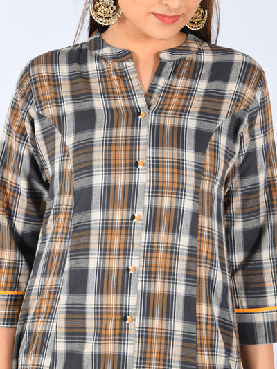 Neerus Women Grey  Mustard Yellow Checked A-Line Kurta