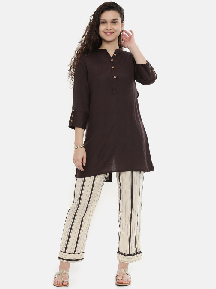 Neerus Brown straight kurti solid ethnic wear - front view