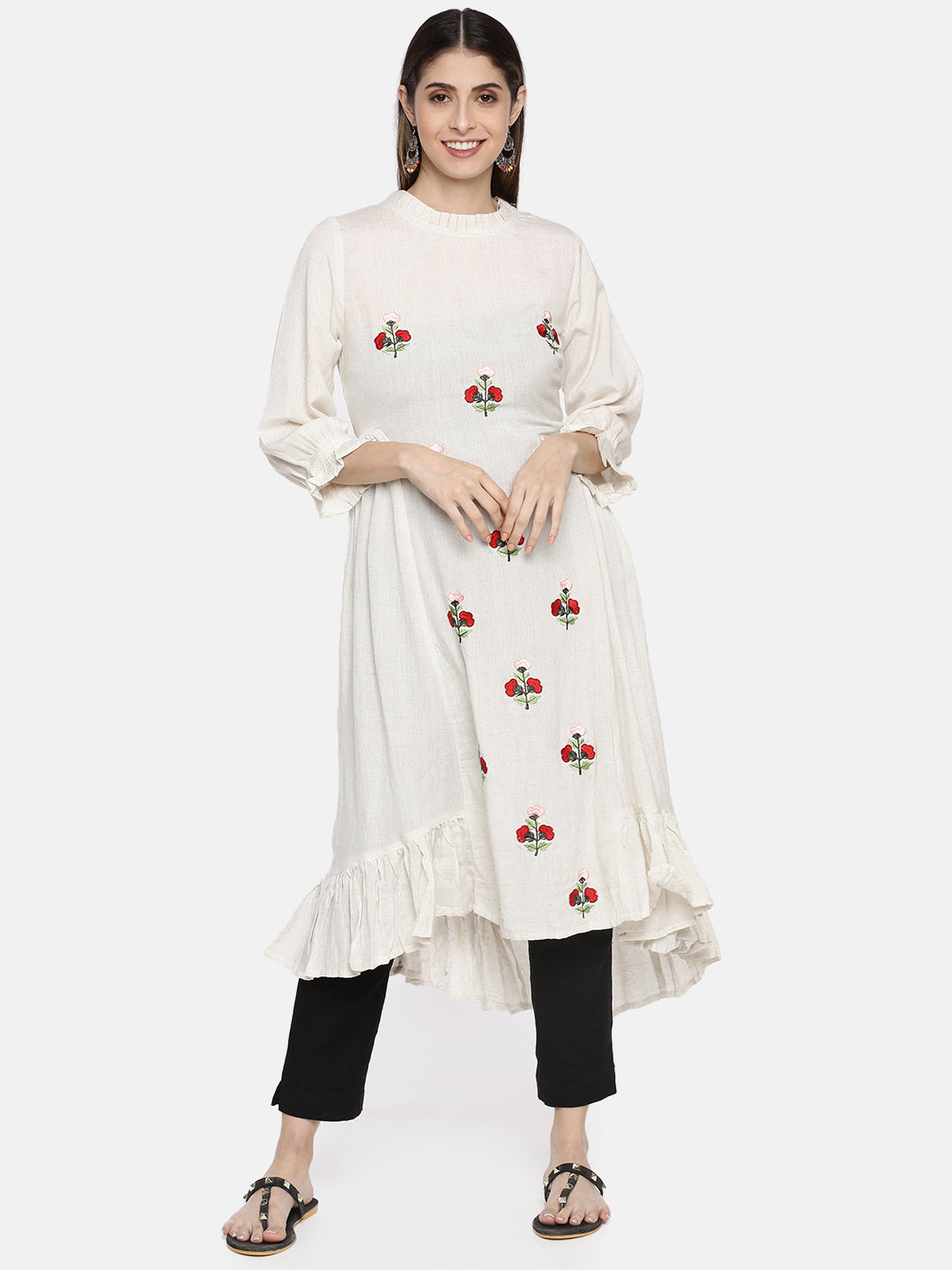 Neerus White embroidered A-line kurta - front view