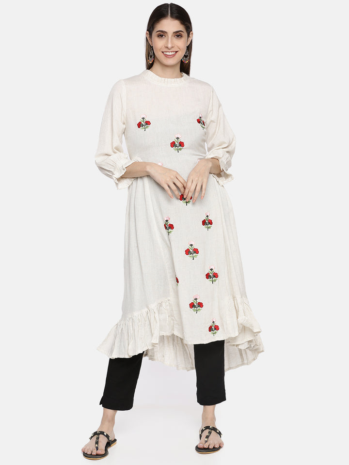 Neerus White embroidered A-line kurta - front view
