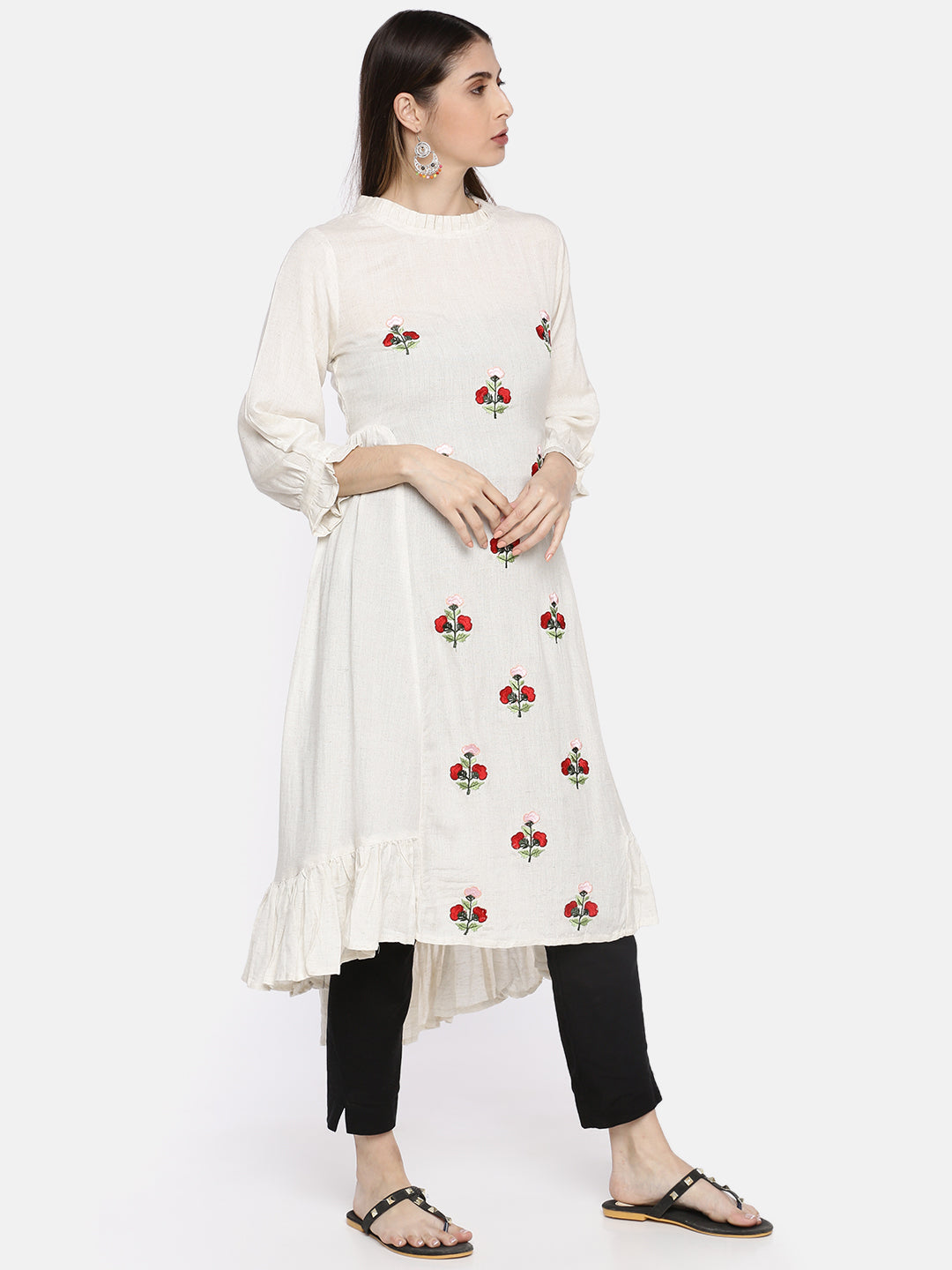Neerus White embroidered A-line kurta - side view