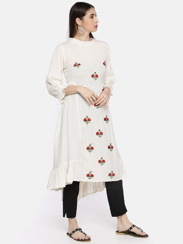 Neerus White embroidered A-line kurta - side view
