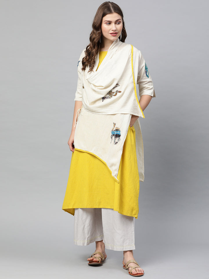Neerus Yellow solid A-Line Kurti with shrug - front view