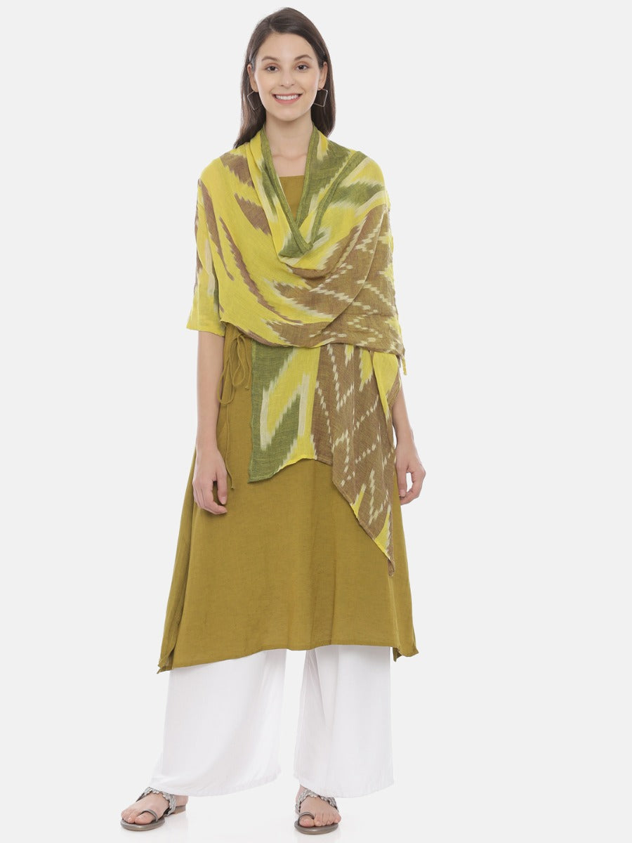 Neerus Green printed A-Line kurta with attached dupatta - front view