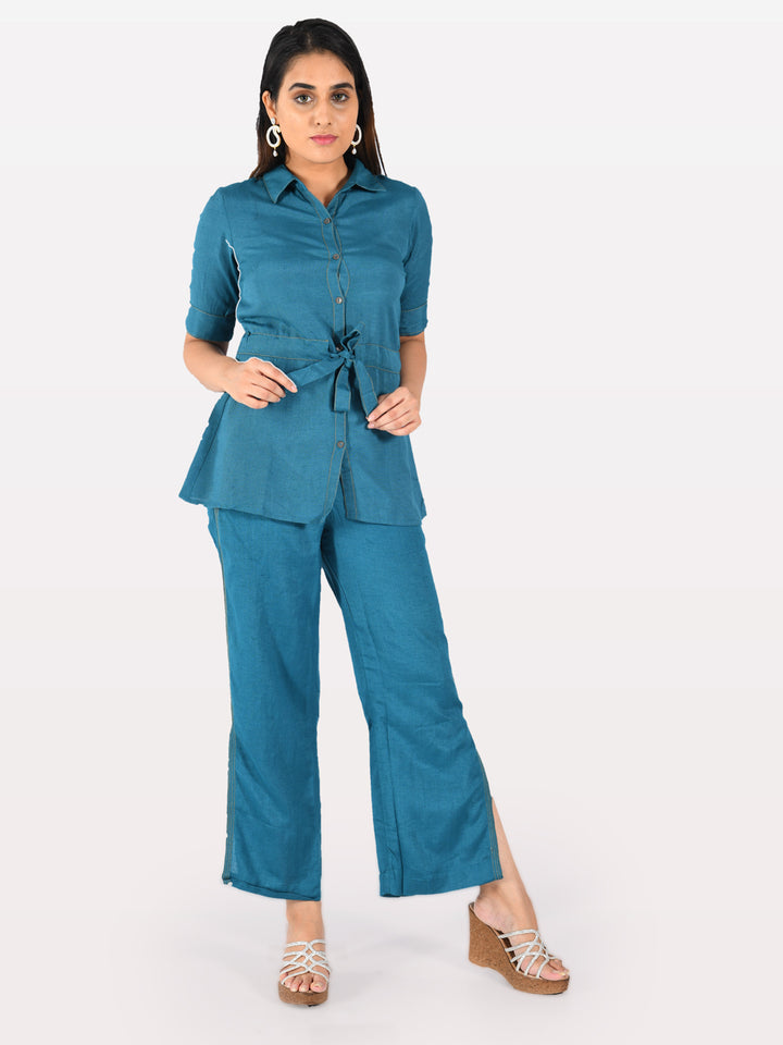 Neerus Green cotton solid co-ord set tunic with trousers - detail view 2