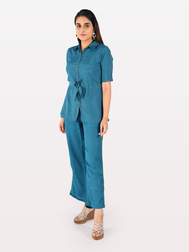 Neerus Green cotton solid co-ord set tunic with trousers - front view