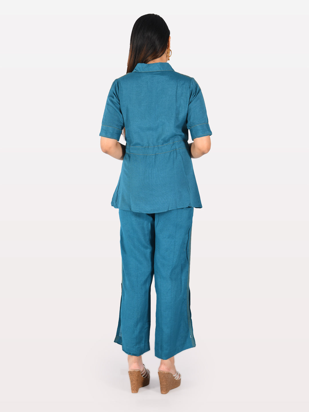Neerus Green cotton solid co-ord set tunic with trousers - back view