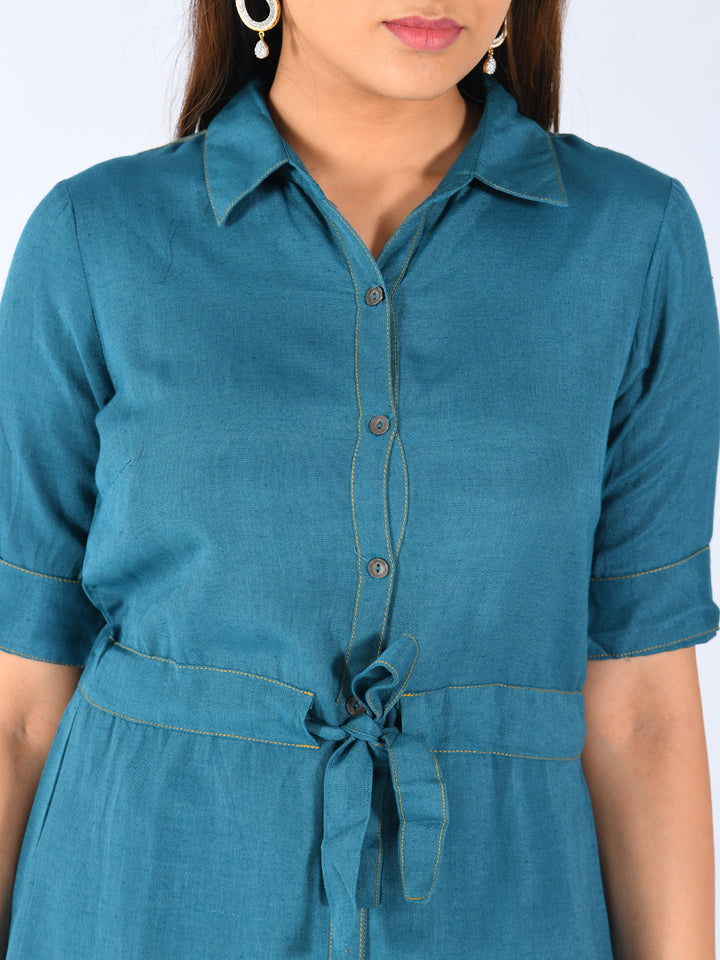 Neerus Green cotton solid co-ord set tunic with trousers - side view