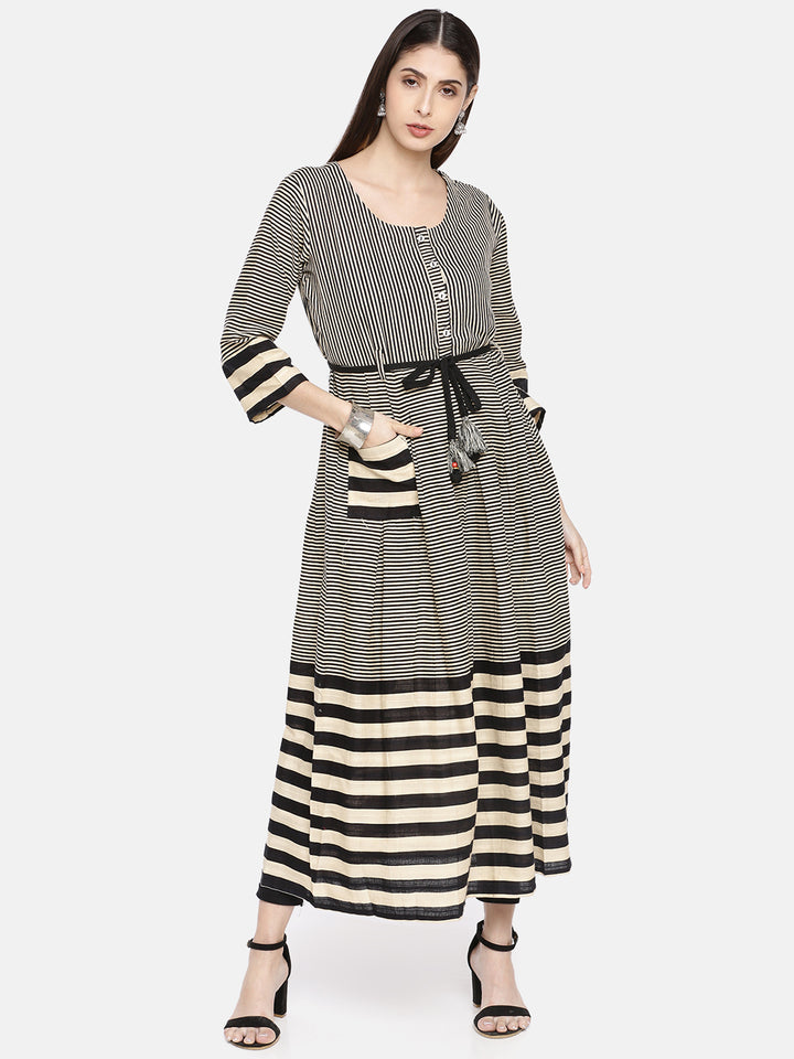 Neerus Women Beige Black Striped A-Line Kurta